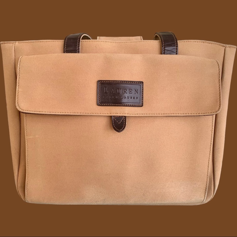 LAUREN RALPH LAUREN CANVAS TOTE BAG WITH LEATHER HANDLES - TAN